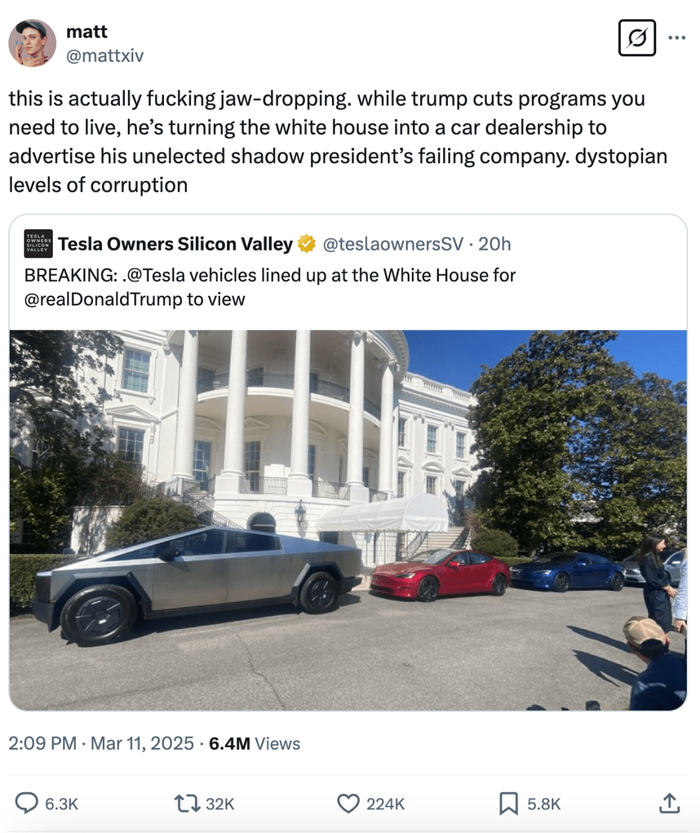 X post about Trump's Tesla stunt